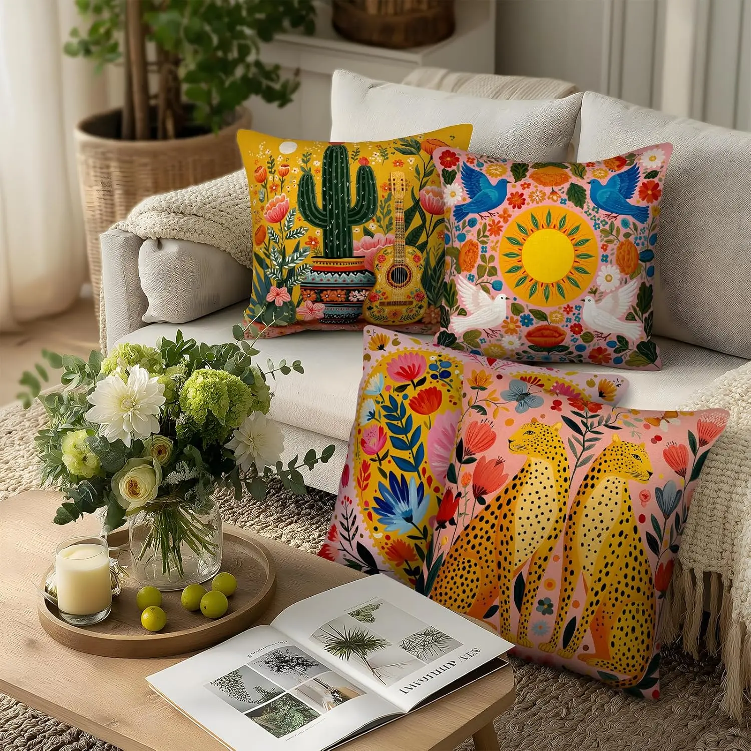 Mexican Folk Art Throw Pillow Covers 18x18 Inches Set of 4, Envelope Closure Cushion Covers No Zipper Boho Colorful Home Decor
