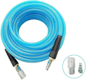 Polyurethane(PU) Reinforced 3/8ID x 100ft, Air Hose, Non-kinking with 3/8 Reassembled Industrial High Flow Quick Coupler and Plug, Bend Restrictor, Transparent Blue(100)