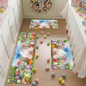 Easter Joy Kitchen Mat Set 2pc/3pc with Rabbit Floral and Colorful Egg Basket Design, Spring Home Decor and Non-Slip Bath Runner Decorative Mats