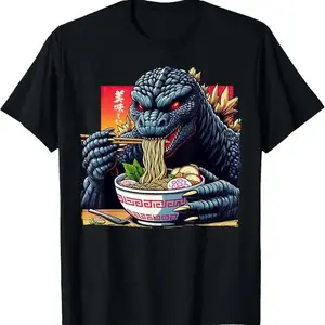 Funny Kaiju Eating Ramen T-Shirt | Japanese Monster Lover Novelty Graphic Tee