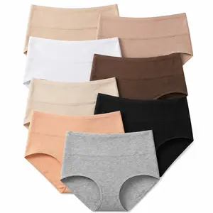 Women's High Waist Cotton Underwear in Muti-packs: 8pcs; - Hipster Style, Full Coverage Soft Ladies Briefs , Womenswear, Fit Breathable Everyday Cotton Underwear Solid Seamless Panties