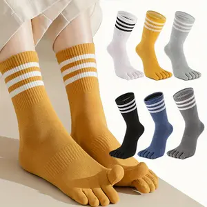 6Pairs Women Toe Socks 5 Finger Wicking Athletic Women'S Striped Knit Calf Socks, Non-Slip Cushioned Toe Socks with Grips for Yoga, Pilates, Fashionable and Simple Socks, Soft, Comfortable