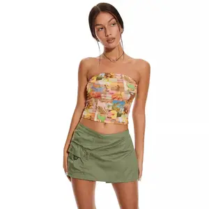 GGFL Women's Peach Floral Print Tube Top, Strapless Slim Fit Crop Top for Summer, Vacation.Y2K Style Peach Floral Print Tube Top, Strapless Bodycon Crop Top for Party, Night Out