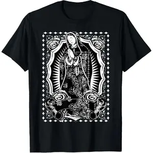 100% cotton Virgin Mary Black White Bandana Print Chicano Art Cholo T-Shirt