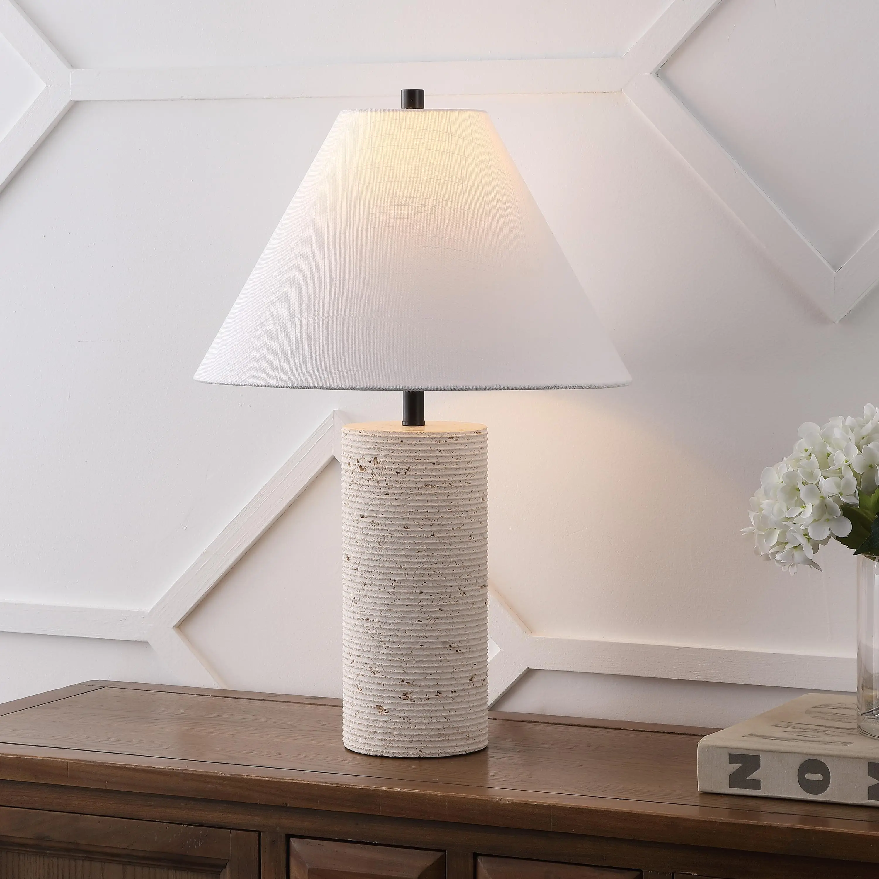 JONATHAN Y Kelsey 22.5" Modern Travertine Column Table Lamp, Beige | Natural Stone Base, White Linen Empire Shade, Scandinavian Style, Black Metal Finial, Rotary Switch, LED Bulb Included, Console
