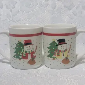 Vintage Set of Two Vintage Set of Two Snowman Porcelain Christmas Mug Collectible Polka Dot Holiday Teacup mugs