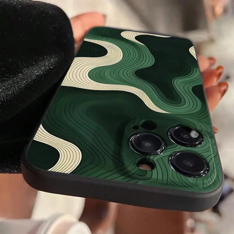 Green line pattern phone case, anti-drop shockproof phone protective cover, phone accessoryPhone Case suitable for 17/16/15/14/13/12/11pro promax plus air ,casing, cute phone cases protection protector cellphone smartphone Black Silicone, Accessories, Mul
