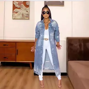 Hot selling European and American loose ripped denim long coat cape