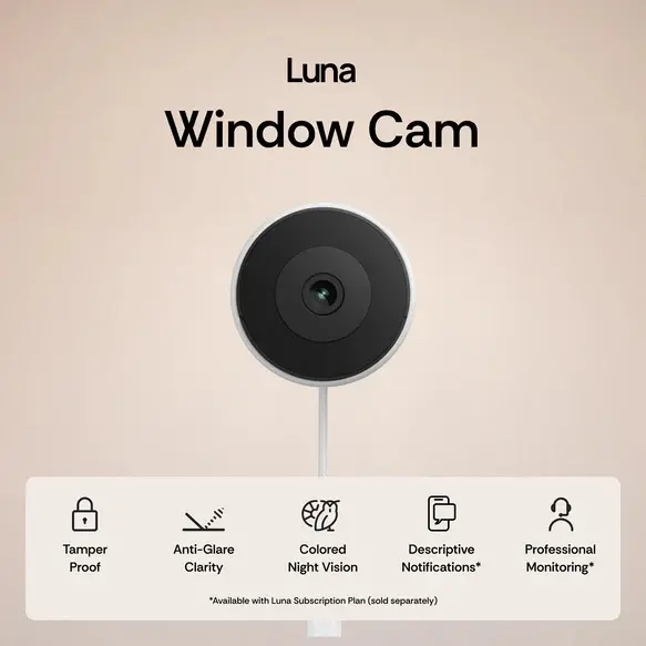Luna Window Camera for Home - 2K 2.4GHz Wifi, Indoor Glass-Mount Security Camera, Stick-On No-Drill Install, Clear Window View for Outdoor Monitoring, Color Night Vision Through Glass, Smart AI Motion Detection, Easy Setup for Home & Apartment 1
