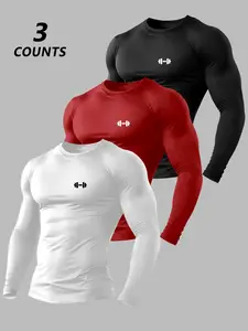 Men's Classic 3-Piece Set Underwear, Weightlifting Graphic Print Long Sleeve T-Shirt, Casual Fitted Top for Spring & Fall, Gym Workout Shirt