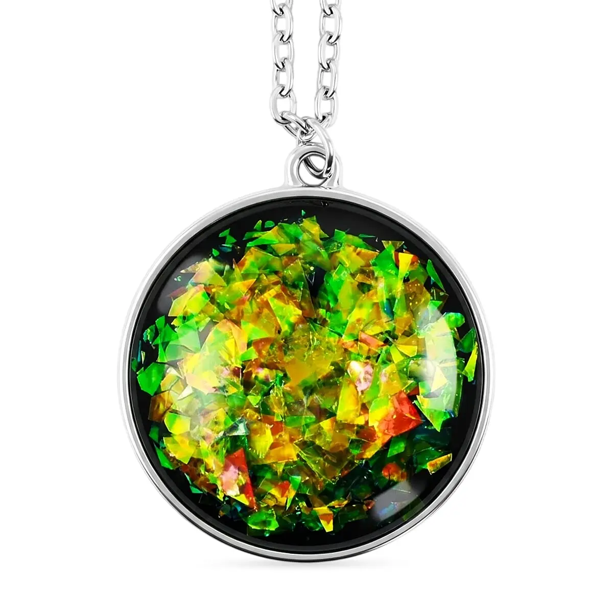Round Opal Flakes Pendant Necklace (16-18 Inches) in Silvertone 14.00 ctw