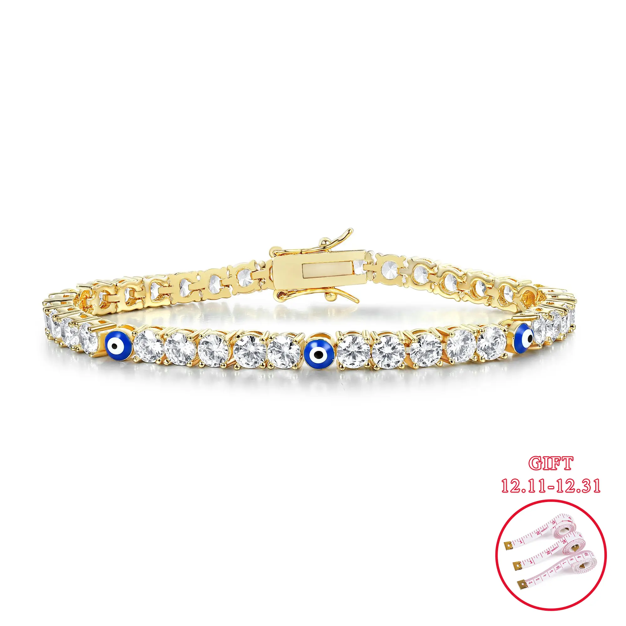 Gemsme 4MM Evil Eye 4 Prong Tennis bracelets 18K White/Yellow Golden Plated  Round Cubic Zirconia  for Women and Men Size 6-8 Inch BC-26347 Waterproof Versatility Spring Clasp