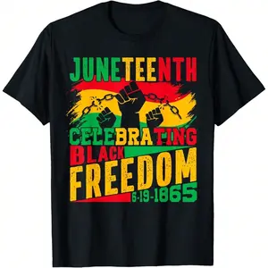 Men's Casual Round Neck Short-Sleeve Graphic T-Shirt - Soft Cotton Top, 6-19-1865 Raised Fist Brush Stroke Design for Juneteenth Black Freedom Day