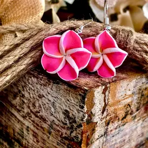 Hawaiian Plumeria Flower Earrings Dangle Silver Tone Frangipani Clay Small Rose pink  Handcrafted Jewelry