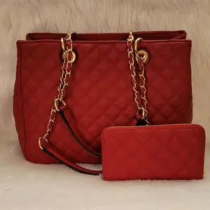 Quilted Tote Bag with Matching Wallet Red Color Gold Chain Strap Stylish and Functional for Everyday Use