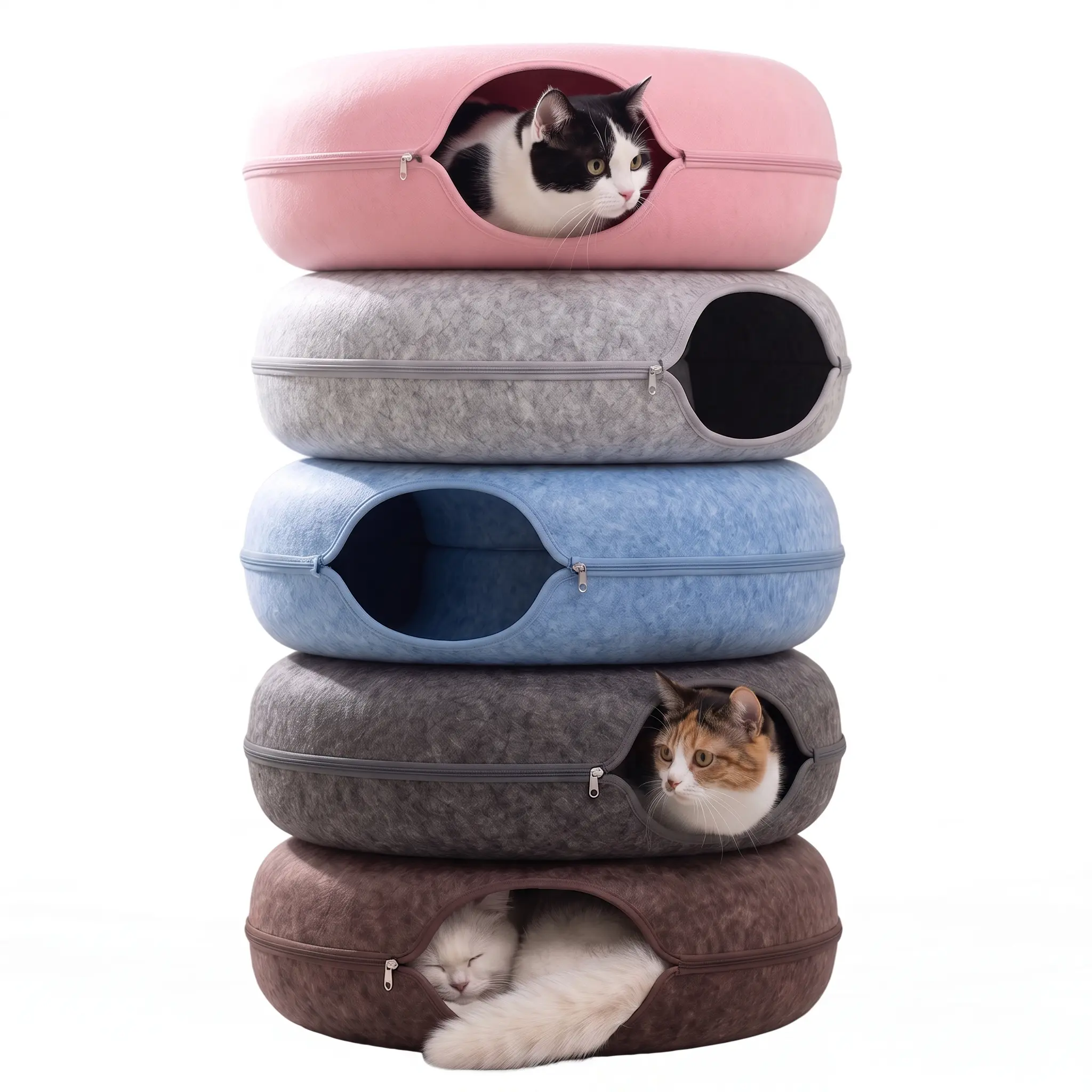 Pastel Color Cat Tunnel & Peekaboo Cave Bed Set for Indoor Cats, Detachable Round Felt Donut Cat House, Scratch-Resistant Play Tunnel, Multiple Combination Styles, Ideal for Kittens & Small Cats, Cozy & Fun Cat Furniture