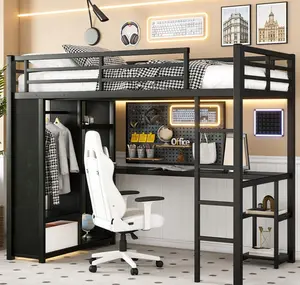 Metal Twin XL/Full Size Loft Bed with Desk and Wardrobe,Heavy Duty Loft Bed Frame with Storage Shelves for Teens,Adults, Space Saving,Black