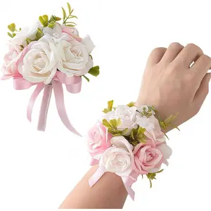 2 Pieces Pink Artificial Flower Corsage and Boutonniere Set Elegant Wrist Corsage Wristlet with Adjustable Lace Band for Wedding Prom Party Mother's Day Anniversary Formal Ceremony Decoration