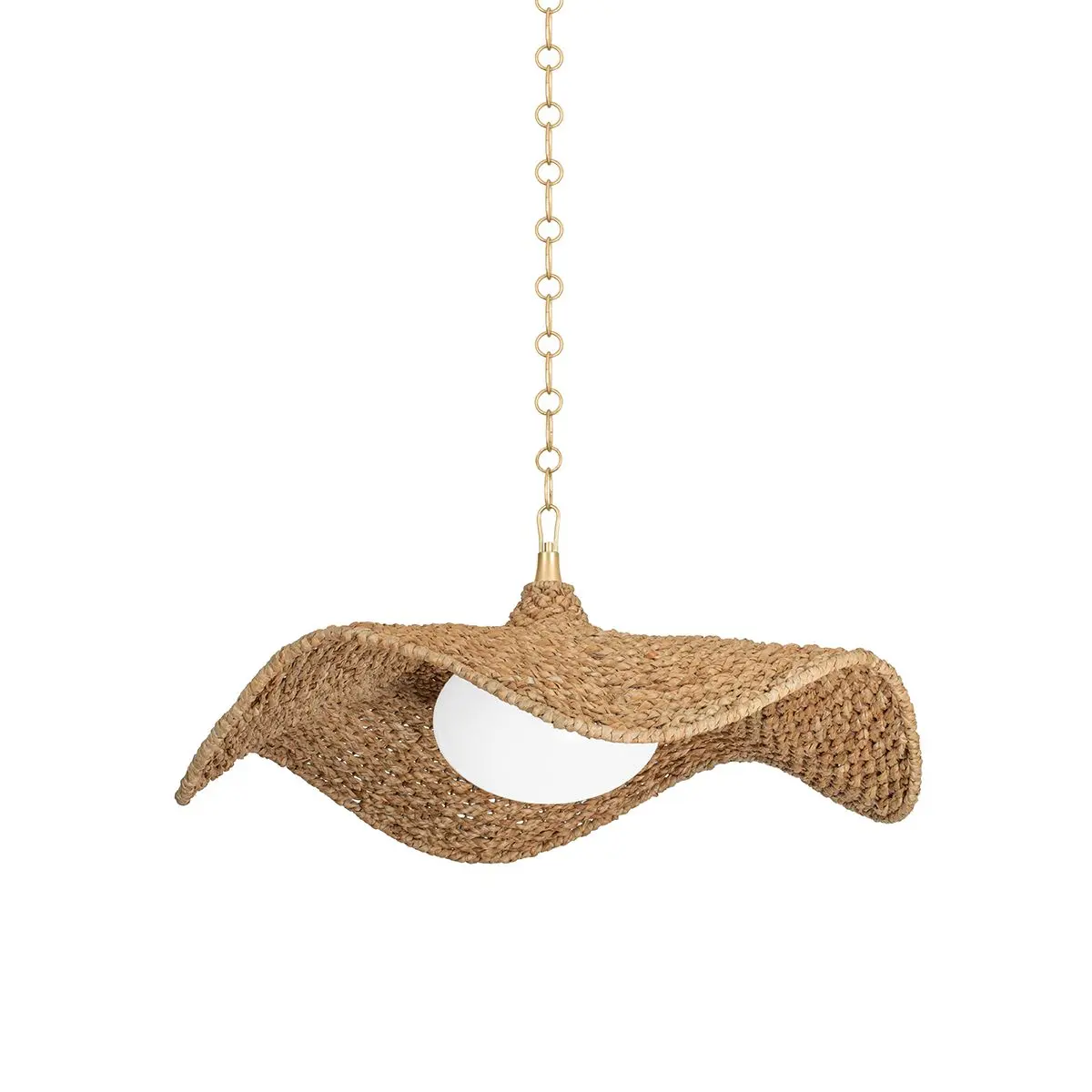 Levene Pendant Light with Oversized Abaca Rope Shade and Opal Glass Globe in Vintage Gold Leaf