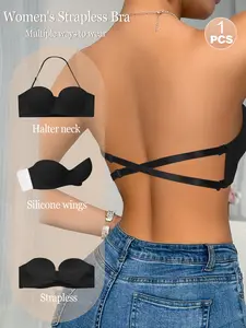 Women's Strapless Halter Bra — Featuring Underwire Lift, Silicone Side Wings, Convertible Cross-Back Design, Multiple Wearing Options, and Strong Support.