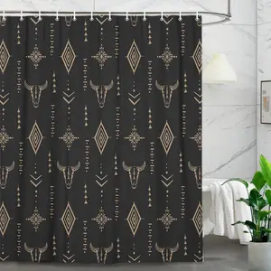 Boho Western Bull Skull Shower Curtain, Black Beige Southwestern Cow Bohemian Geometric Cactus Pattern Bathroom Shower Curtain Set, Native Aztec Longhorn Head Cowboy Bath Curtain with Hooks