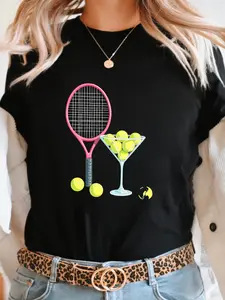Women's Tennis-Themed Graphic Print T-Shirt - Short Sleeve Crew Neck Casual Top with Vibrant Racket, Ball & Martini Design, Breathable Medium-Stretch Fabric, Machine Washable for Summer & Spring, Leisure Clothing, Playful Design, Comfortable Fit, Printed