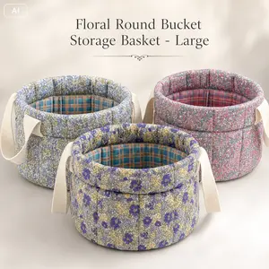 Small floral round basket storage container, quilted fabric tote storage basket, desktop cosmetics and miscellaneous items organizer basket
