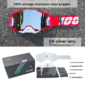 100% Armeqa Champion-Level Motocross Goggles [C9 Silver Lens] - Red Frame, Anti-Fog UV Protection for Dirt Bike/ATV Riding