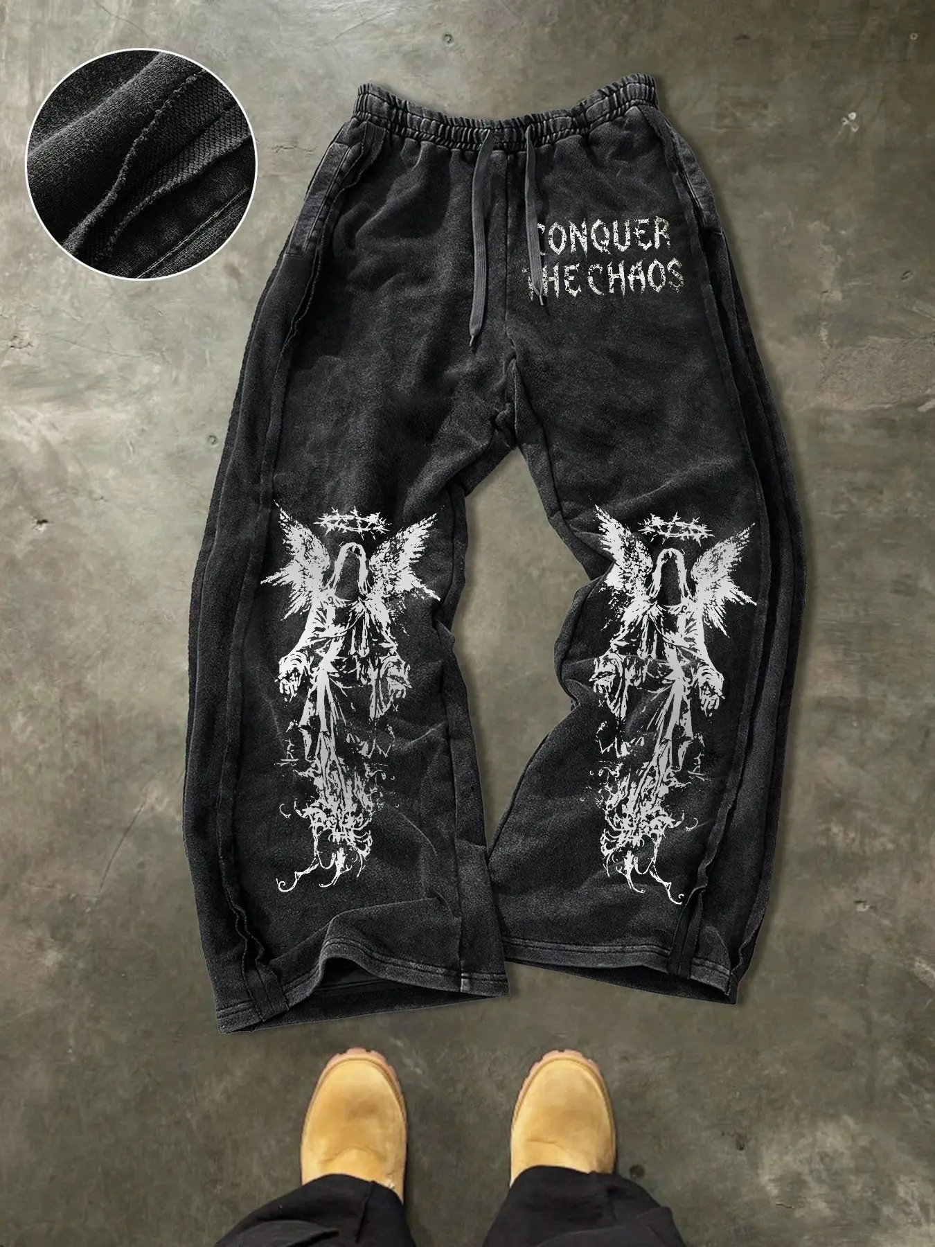 Men's Casual Cotton Pants, Graphic Angel Print, Street Style, Streetwear, Drawstring Waist, Adjustable Waist Pants, Ankle Length, All Seasons, Perfect for Daily Wear and Gifts
