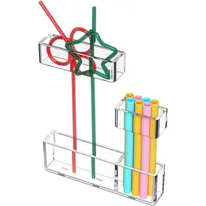 Acrylic Straw Organizer for Cabinet Door - 5.8'' Transparent Adjustable 3-Part Reusable Drinking Straw Holder Dispenser Kitchen Accessories Container Cupboard Door Mounted