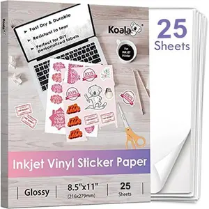 Koala Glossy Waterproof Vinyl Sticker Paper – 8.5x11", for Inkjet Printers, No Backmarks, Full Sheet for DIY Stickers & Labels