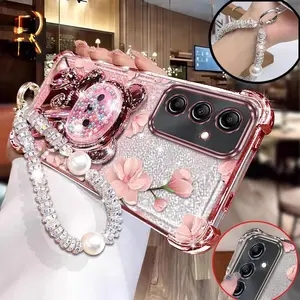 1 Piece Pink flowers With a bear stand and a pearl lanyard Pattern Stylish Suitable For Galaxy A15 5G Case With Comfortable feel Finish Featuring Shockproof For Casual Phone Cases