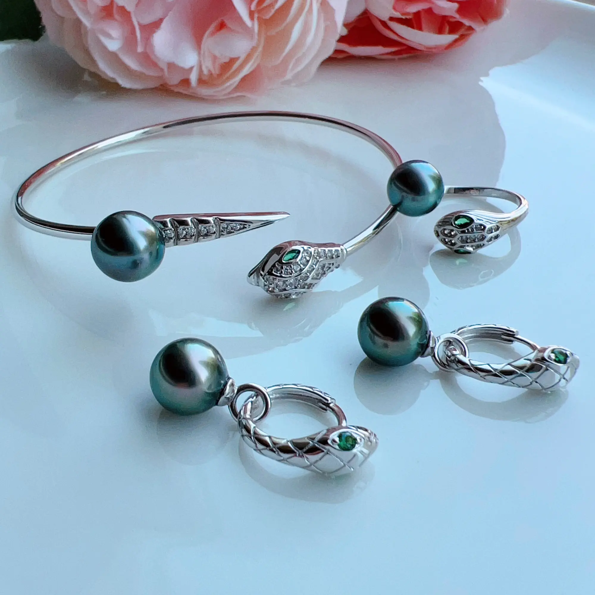 Piswency Genuine Black Tahitian Pearl Snake Design Jewelry Set, Adjustable Bangle Ring Removable Pearl Earrings 925 Sterling Silver Convertible Set, Unique Gift