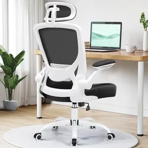 KERDOM Ergonomic Office Chair, Breathable Mesh Desk Chair, Lumbar Support Computer Chair with Headrest and Flip-Up Arms, Swivel Task Chair, Adjustable Height Gaming Chair, White KERDOM