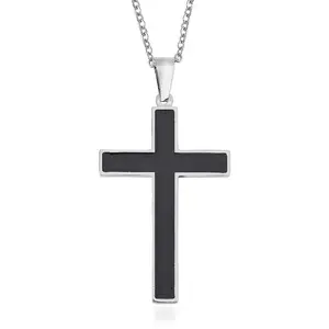 Black Shungite Stainless Steel Cross Pendant Necklace Size 20-22" Ct 1.64 Catholic Faith Christian Religious Birthday Jewelry Birthday Christmas Gifts for Women