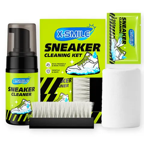X-SMILE XS-2350 4-Pieces Sneaker Cleaning Kit (1 Box), Footwear Cleaner with White Foam Dry Detergent & Foam Bottle & Paper Roll, Sneaker Stain Remover for Daily Cleanup
