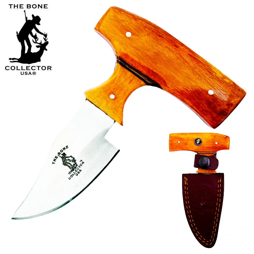 BC 872-YBN 5" Steel Bone Collector Yellow Bovine Bone Short Blade Skinning Knife with 2" T-Handle Style Handle, 7 oz., Leather Sheath, for Outdoors Kitchen Use