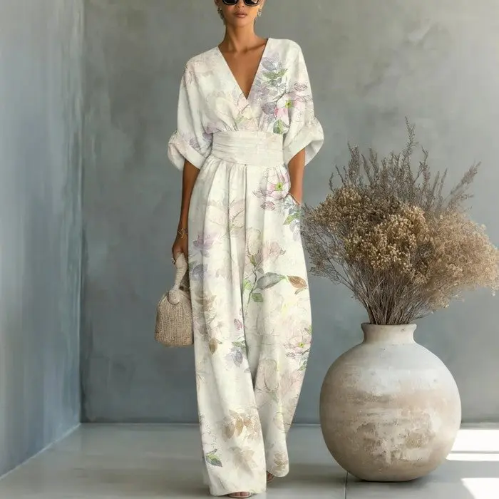 Jumpsuits for Women, V-Neck Statement Print Wide-Leg Overalls with Cinched Waist, Colorful Fashion for Summer Vacation, Printed Pattern, S