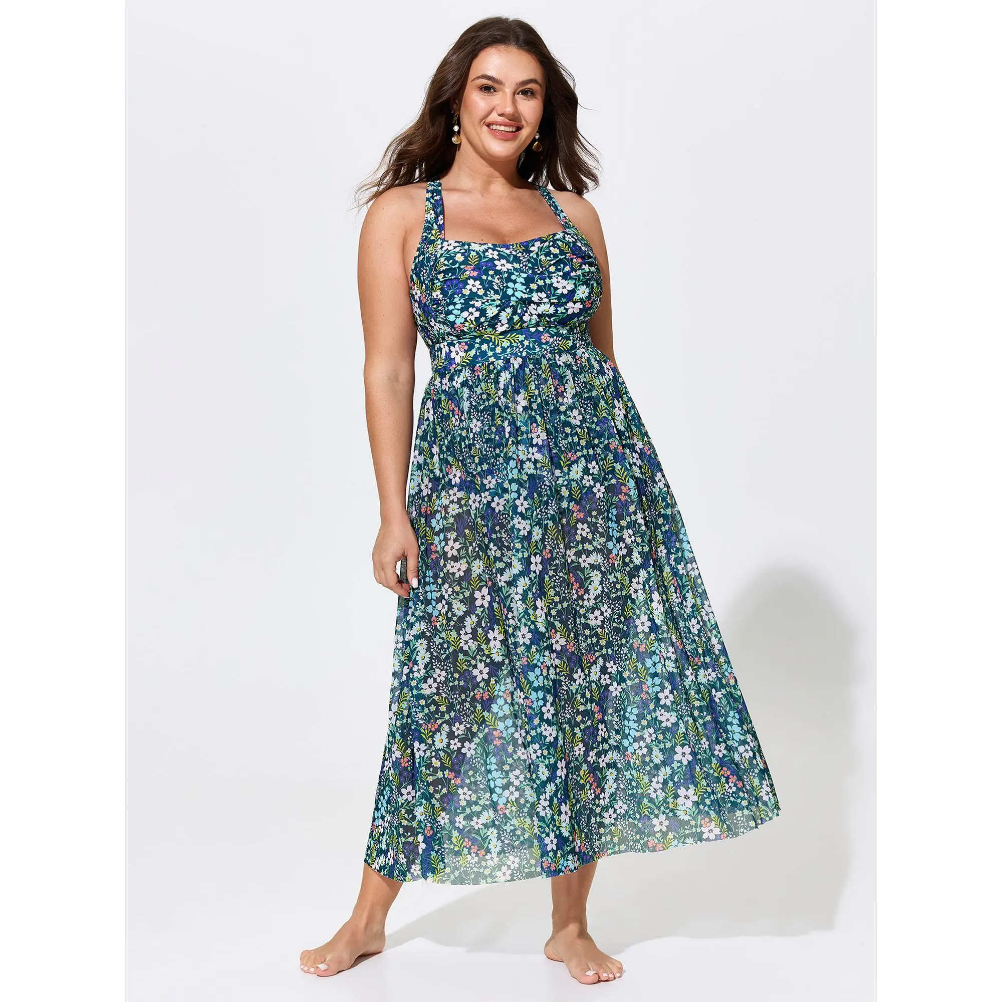 BLOOMCHIC Plus Size Sheer Sarong Two-Piece Ruched Print One-Piece Swim M-6X ,Summerfinds