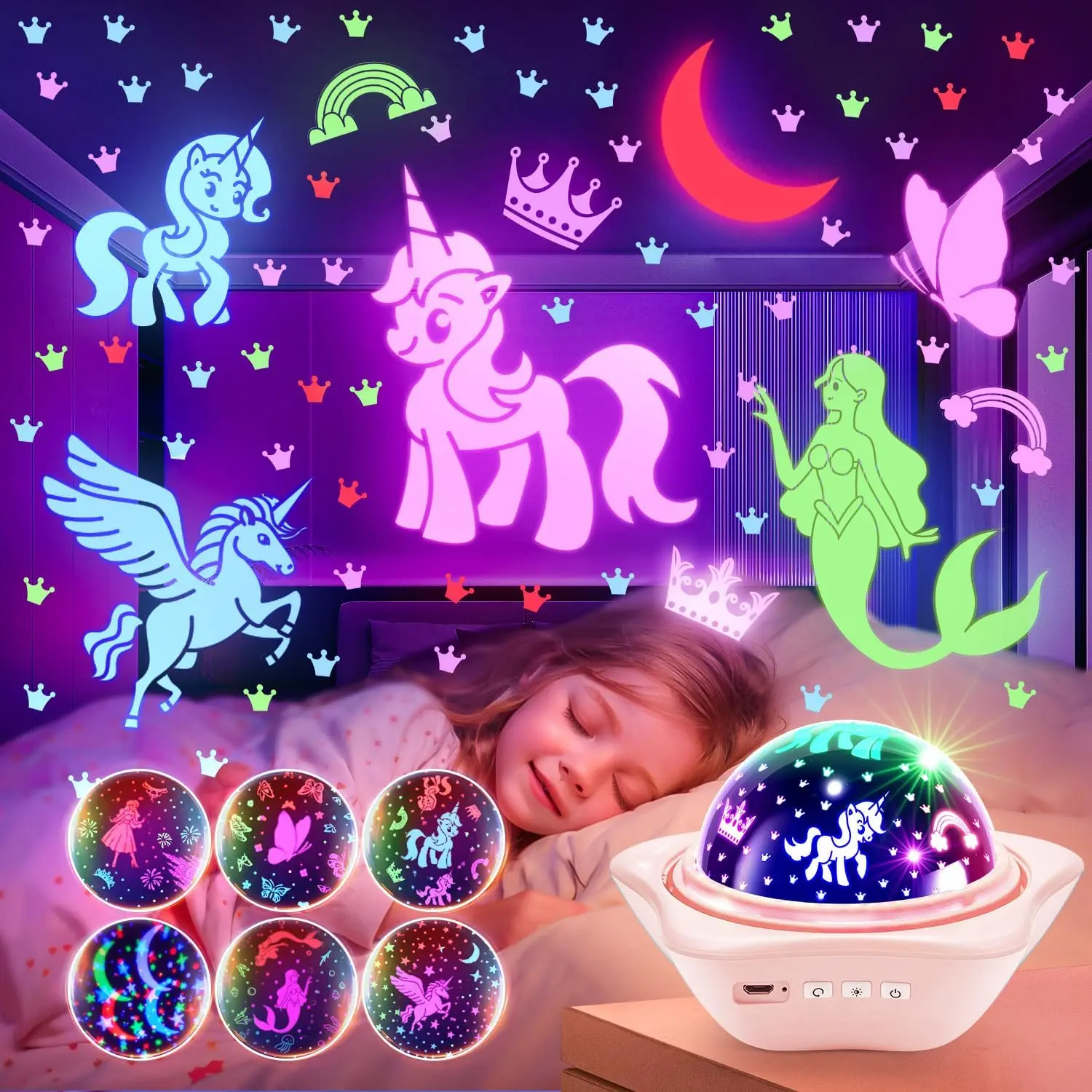 Kids Night Light Projector Toy, 96 Lighting Modes, 6 HD Films (Unicorns, Moons), 360° Rotating Star Projector for Ceiling, Rechargeable with USB Cable, Bedroom & Nursery Decor Night Lamp