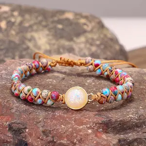 Women's Braided Natural Opal Charm-Galaxy Sea Sediment Jasper Semiprecious Stone Healing Bracelet, Anklets for Women