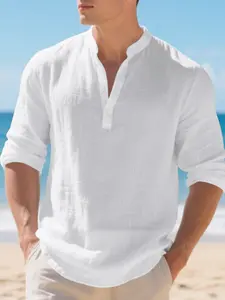 Men's Loose-Fit Casual Linen V-Neck Henry Shirt, Long Sleeve Breathable Top for Spring & Fall, Trendy American Style, Henley