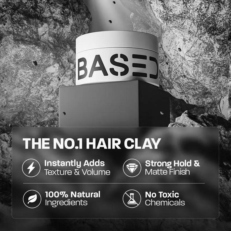 BASED Hair Clay for Men, Premium Hair Clay with Strong Hold, Texturizing Finish, & Low Shine, Hair Styling for Medium, Thick, Straight, or Wavy Hair, Santal Sandalwood Fragrance