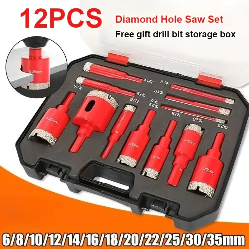 12-pcs diamond drill bit set, durable marble drilling kit, wet/dry dual-use diamond hollow-core drill bits, stone enlargement drill bits, drilling tool set, wear-resistant and durable drill bit set, suitable for ceramic, glass, tile, granite, and marble