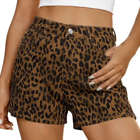 luvamia Women's High-Waisted Cheetah Leopard Print Stretchy Denim Jean Shorts, Lady's Casual Bottoms with Buttons, Fits Beach Summer Jorts