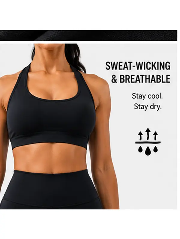 Women's wire-free, molded full-cup high-support sports bra with an open back design, breathable and moisture-wicking fabric, and a mesh back. Suitable for women with large busts to wear for fitness and running.