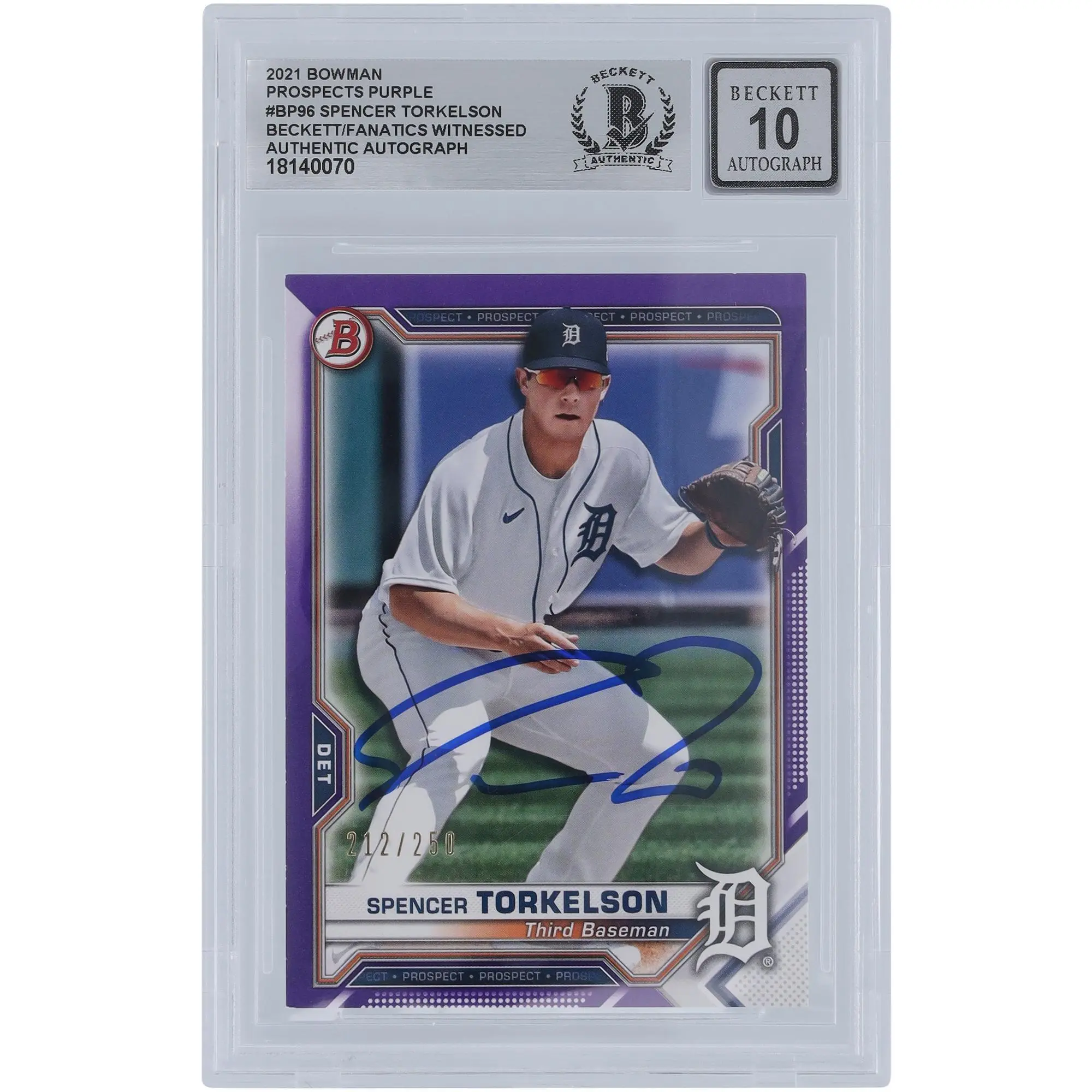 Spencer Torkelson Detroit Tigers Autographed 2021 Bowman Prospects Purple #BP-96 #/250 Beckett Fanatics Witnessed Authenticated 10 Card - Fanatics Authentic Certified