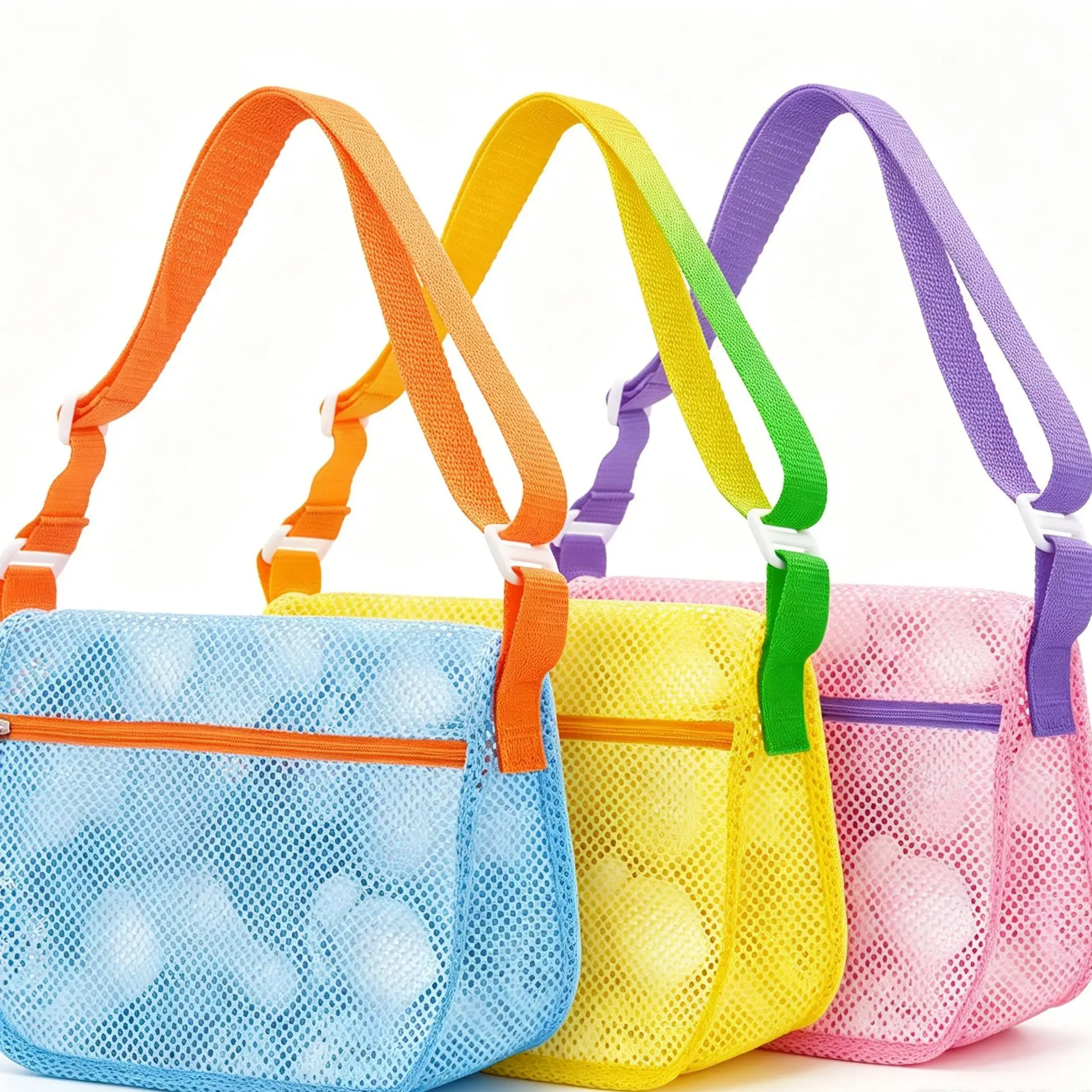 【Summervibes】3Pack Macaron Color-Block Mesh Beach Bags for Sand Toys, Expandable Seashell Collecting Bag with Adjustable Strap, Sand-Free Beach Toy Organizer Toy Pouch