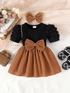 Baby Girl 2-Piece Bow Decor Plaid Corduroy Dress Set, Slim-Fitting Short Sleeve Midi Dress with Hair Band, Elegant Style