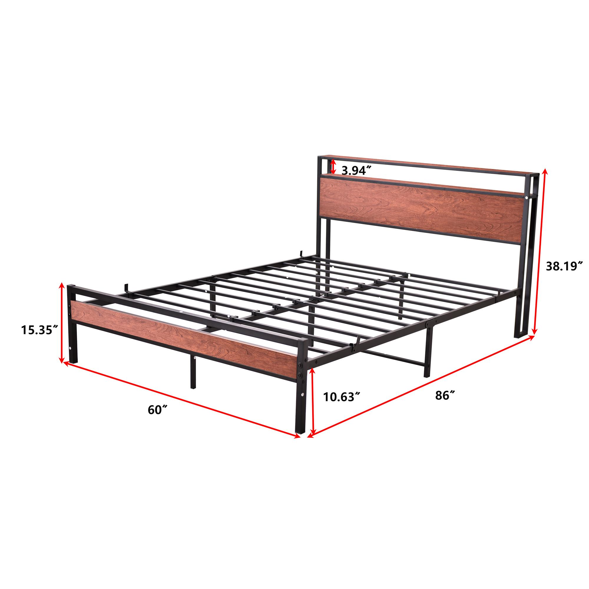 Different Size Metal Platform Bed Frame with Wooden Headboard and Footboard. Features robust metal slat support, no box spring required, delivering exceptional stability and a streamlined, modern aesthetic for your bedroom.
